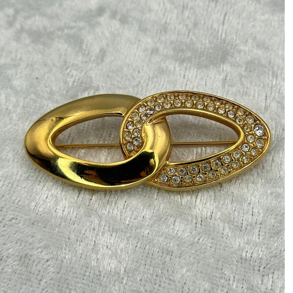 Vintage‎ 1980s S.A.L. Gold Tone Double Oval Rhinestone Brooch Swarovski Pin